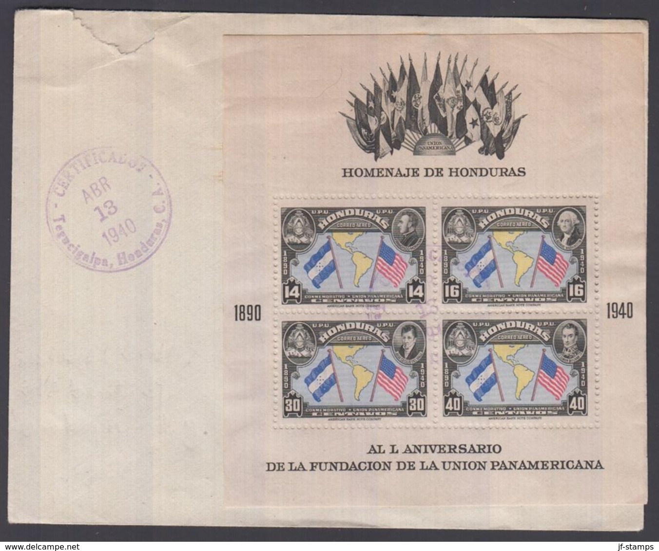 1940. HONDURAS. Perforated Block Panamerikan Union On FDC Tegucigalpa, Honduras ABR 1... (Michel Block 1A) - JF362110 - Honduras