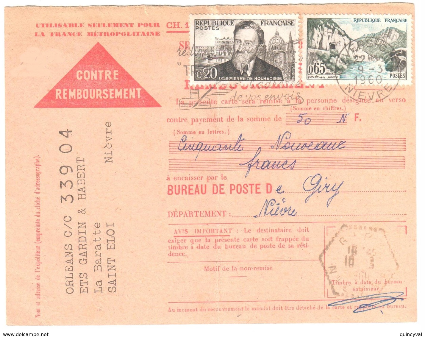 NEVERS GARE Nièvre Carte Contre Remboursement 65c Vallée Sioule 20c De Nolhac Yv 1242 1239 Dest Giry Hexagone Ob 1960 - Storia Postale