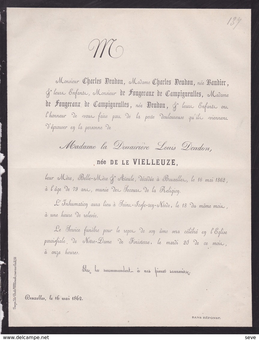 SAINT-JOSSE Madame De Le VIELLEUZE Veuve DEUDON Louis 79 Ans 1862 Famille De FOUERAUX De CAMPIGNEULLES - Obituary Notices