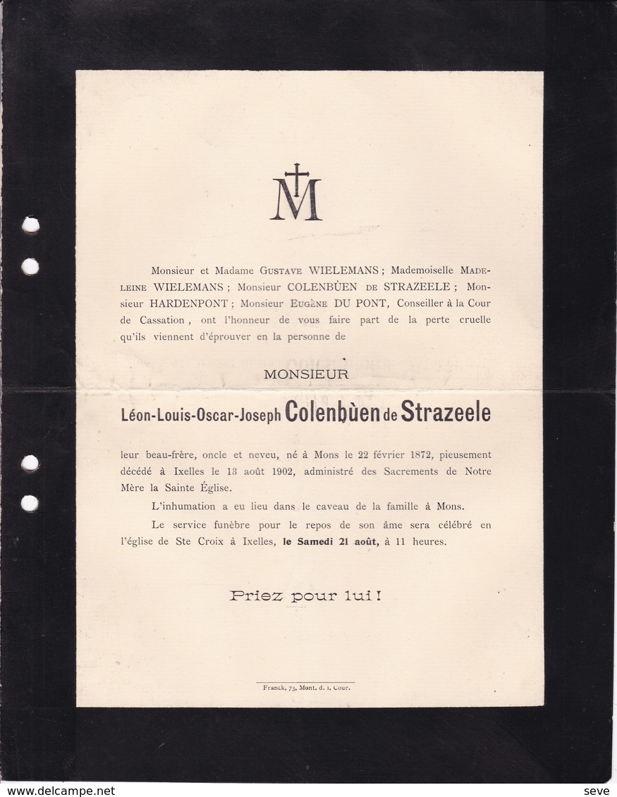 MONS IXELLES Léon-Louis COLENBUEN De STRAZEELE 1872-1902 Famille WIELEMANS HARDENPONT DU PONT - Obituary Notices