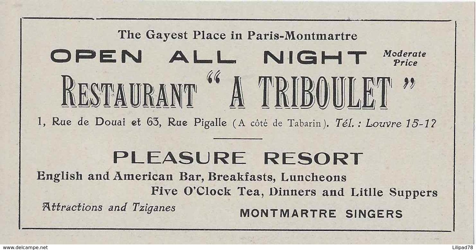 Restaurant Triboulet, Pleasure Resort, English American Bar, Montmartre Singers, Pigalle, 1914 - Werbung