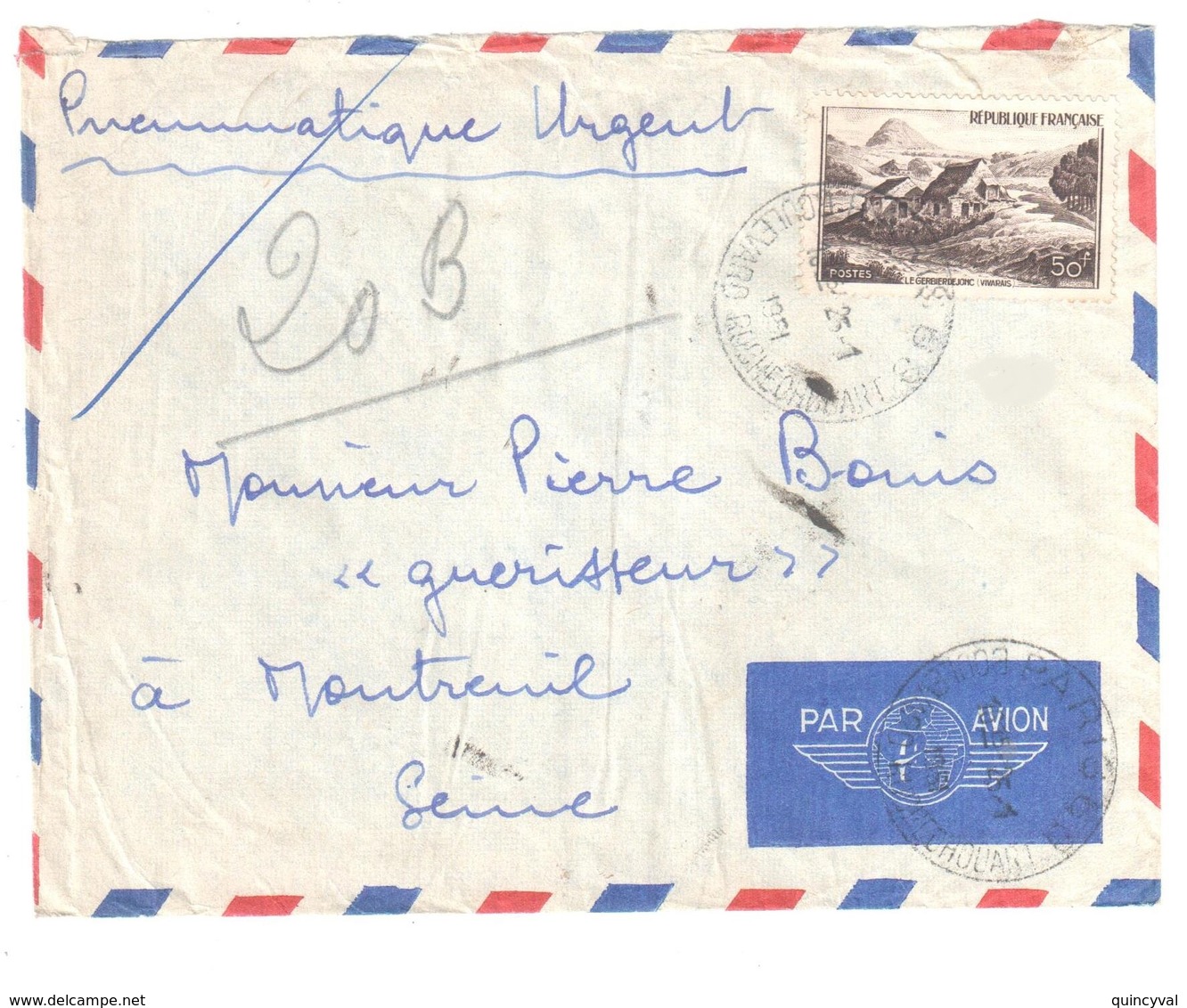 PARIS 68 Boulevard Rochechouard Lettre Enveloppe Par Avion Pneumatique 50F Gerbier De Joncs Yv 843 Ob 1951 - Cartas & Documentos