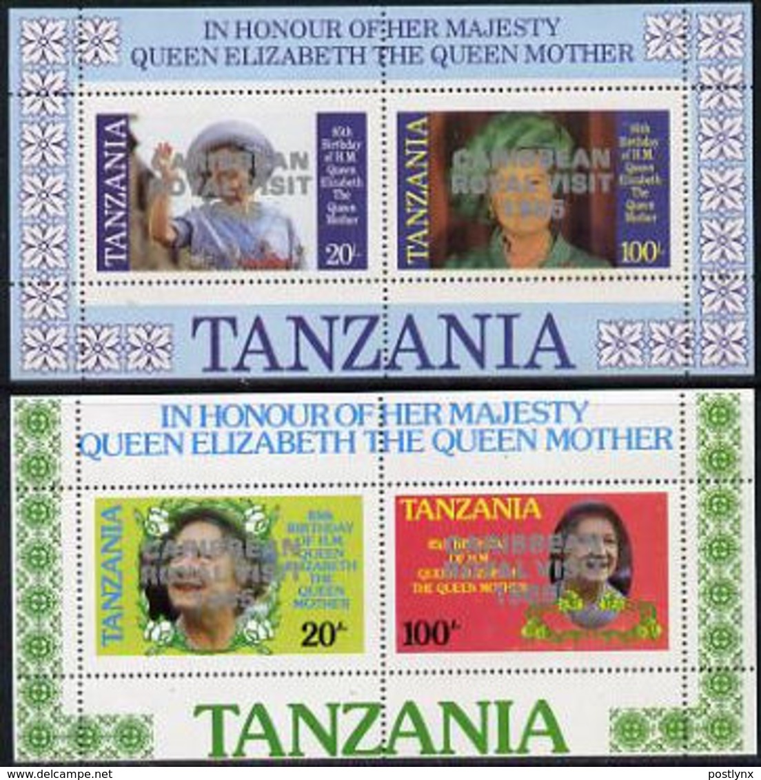 TANZANIA 1986 Queen Mother OVPT:Caribbean SILVER PERF.sheetlets:2 UNISSUED-officially Planned - Tanzania (1964-...)