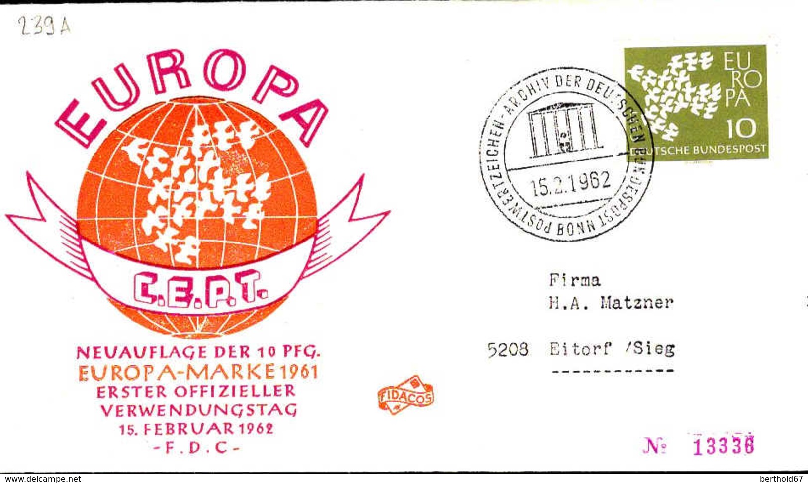 RFA Poste Obl Yv: 239a Mi:367y Europa Cept 19 Colombes (TB Cachet à Date) Fdc Bonn 15-2-62 - Autres & Non Classés