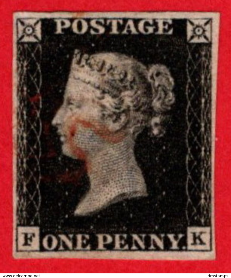 GBR SC #1 U (F,K) 1840 Queen Victoria 4 Margins W/red Cancel CV $320.00 - Used Stamps
