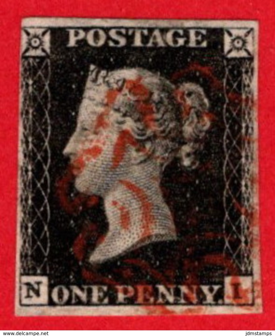 GBR SC #1 U (N,I) 1840 Queen Victoria 3+ Margins W/red MC Cancel CV $370.00 - Oblitérés