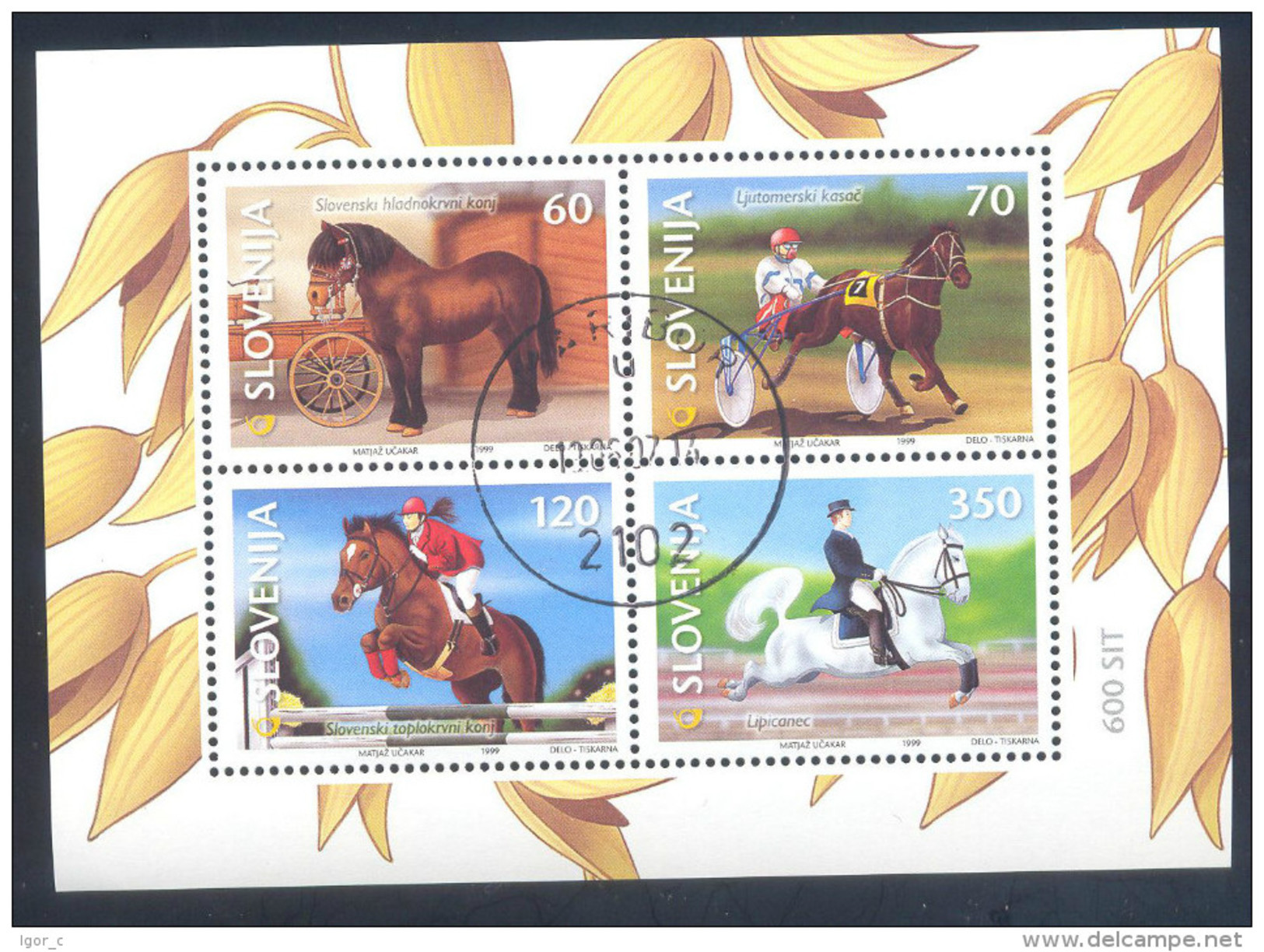 Slowenien Slovenia Slovenie 1999 Used Block ;  Fauna Horses Of Slovenia - Slovenia