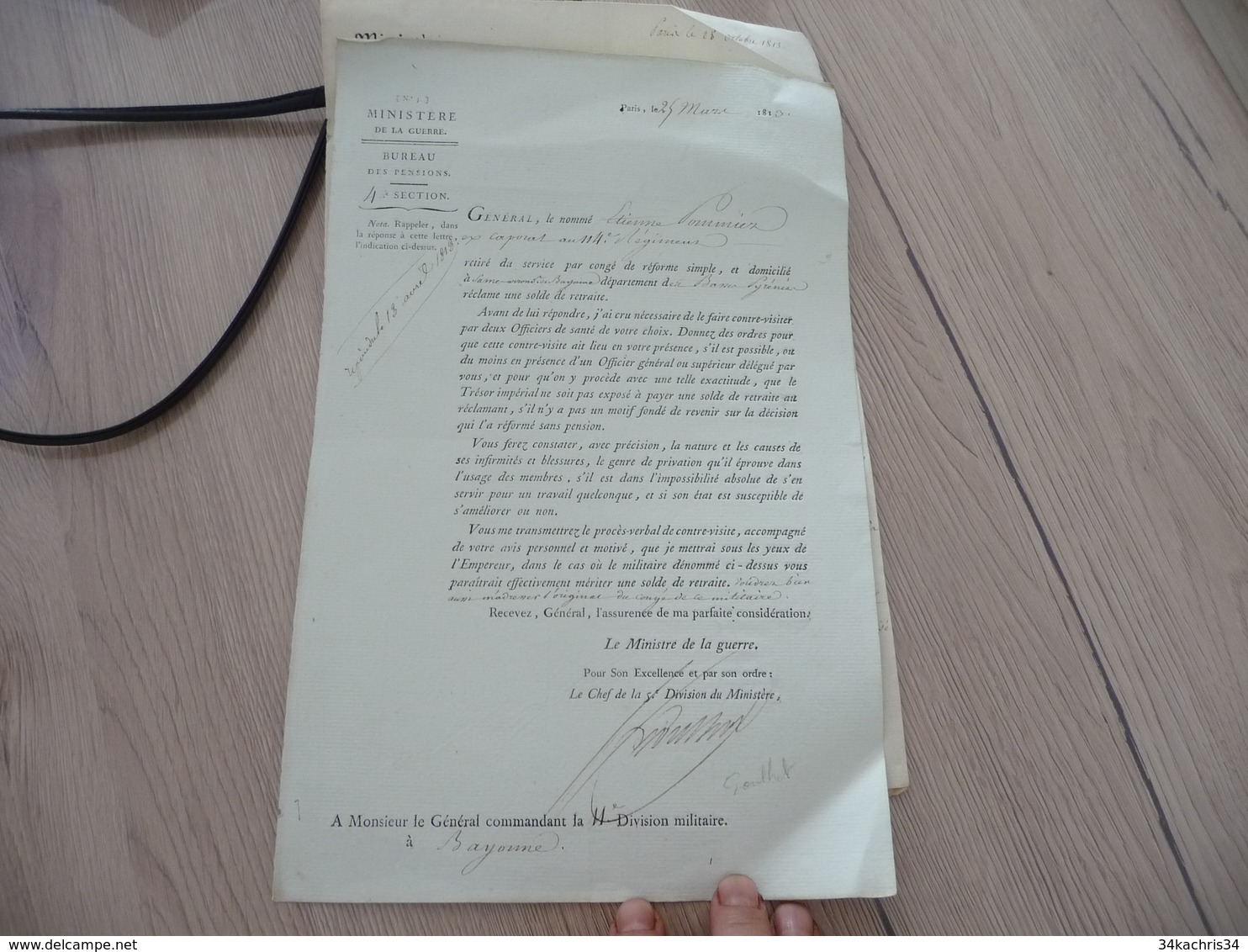 Ministère De La Guerre Napoléon LAS Autographe Signée Goulnot Paris 25/03/1813 Réclamation Solde De Retraite Pommier 114 - Documenten