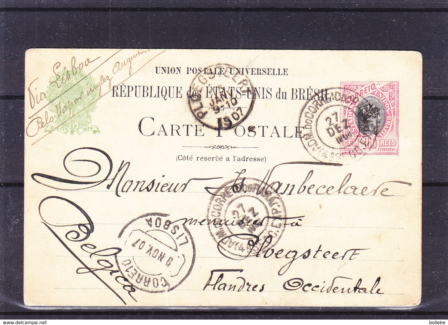 Brésil - Carte Postale De 1906 - Entier Postal - Exp Vers Ploegsteert - Cachet De Lisboa - Rare - Lettres & Documents