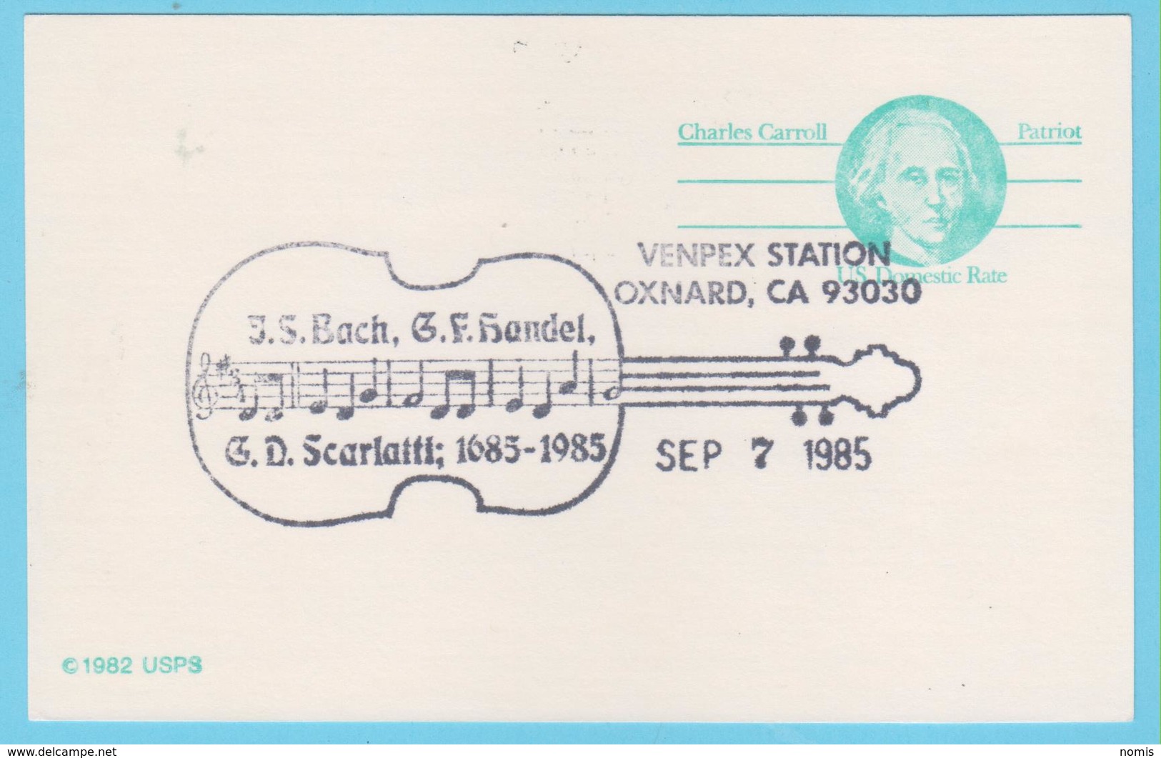 J.P.S. 9 - Compositeur - J.S. Bach  N° 156 - Etats Unis - Oblitération - Venpex Station 1985 - Notation - Instrument - - Musique