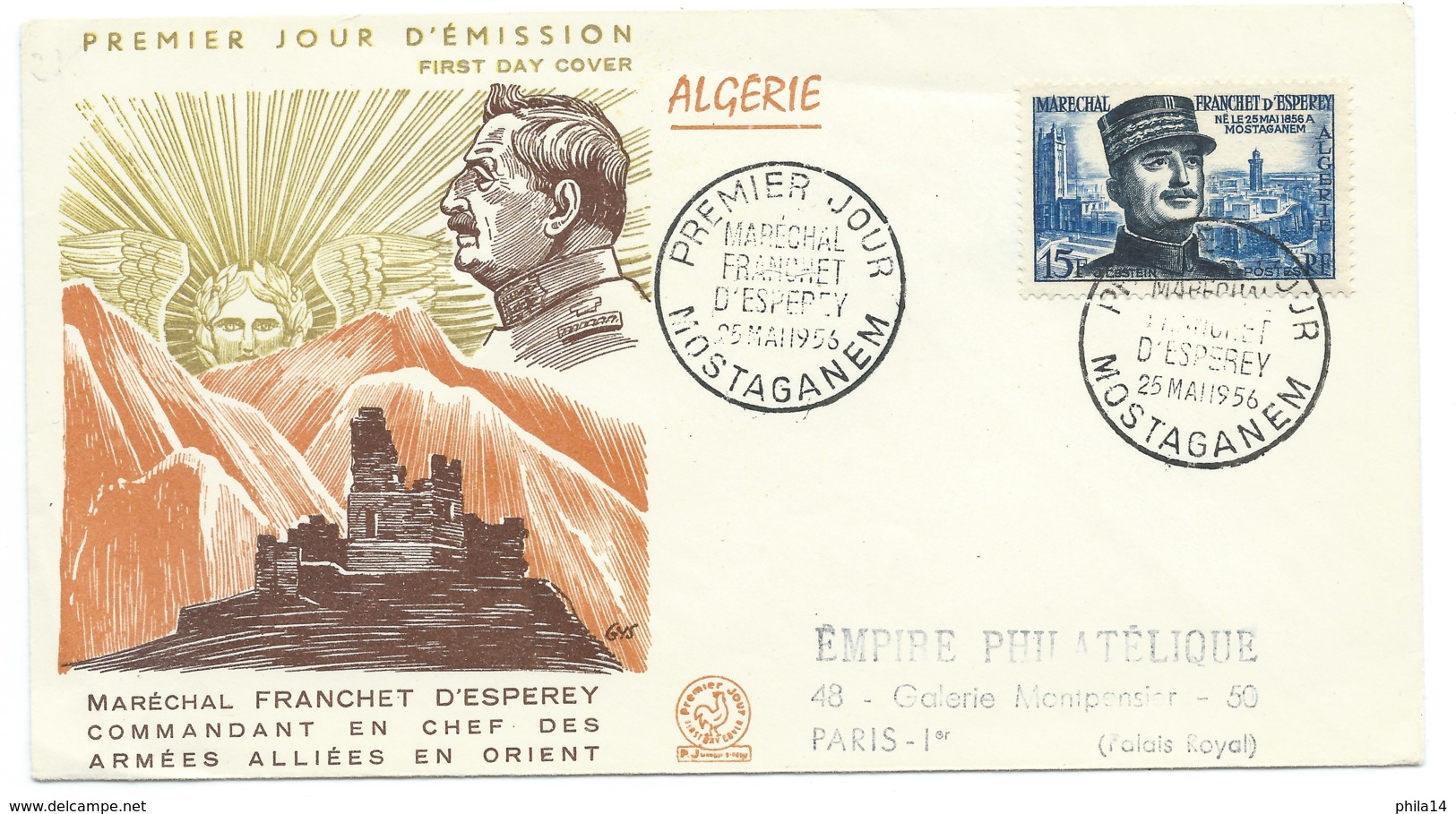 ENVELOPPE FDC / 1956 / MARECHAL FRANCHET D'ESPEREY MOSTAGANEM - Lettres & Documents