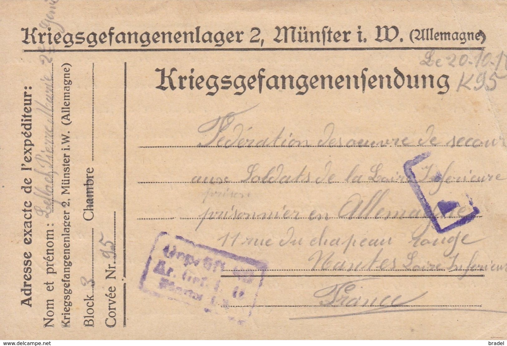 GRADE DE CONFIANCE Sur Carte Franchise Demande De Secours Camp De Munster Prisonniers Guerre Kriegsgefangenensendung - Guerre De 1914-18