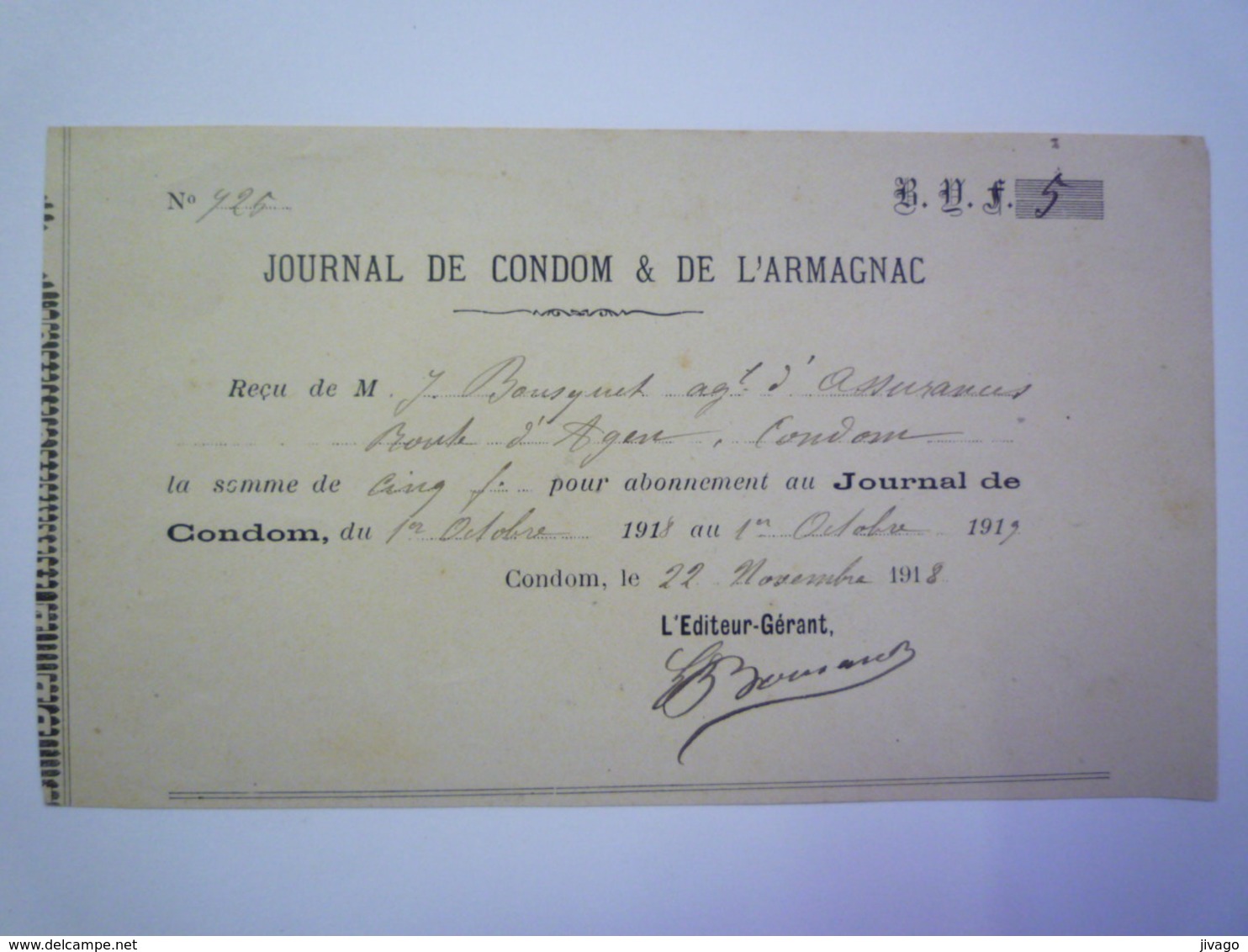 2020 - 5790  CONDOM  (Gers)  :  Reçu Pour L'abonnement Au  "Journal De Condom Et De L'Armagnac"  1918   XXX - Non Classés