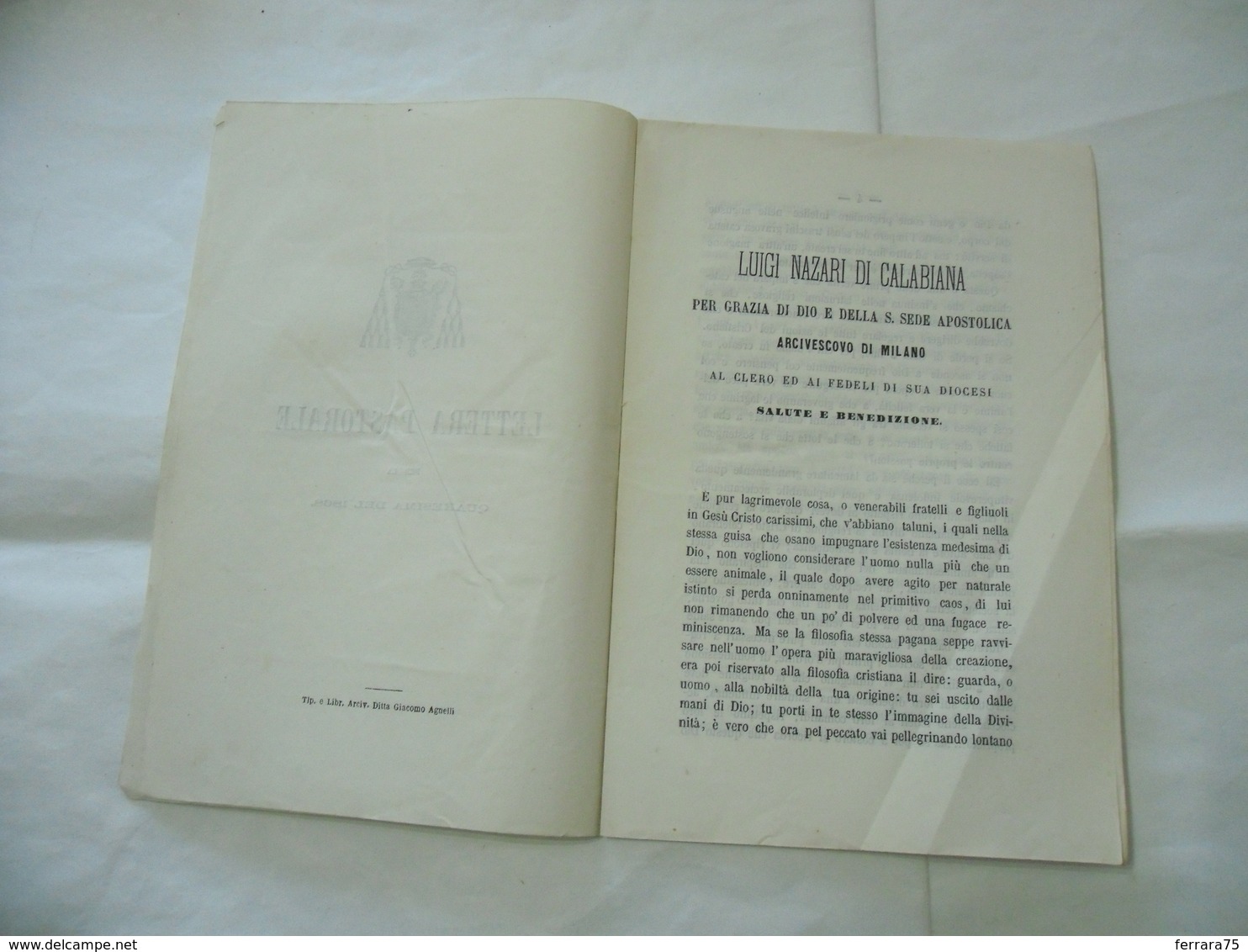 LETTERA PASTORALE PER LA QUARESIMA LUIGI NAZARI DI CALABIANA MILANO 1868 - Religion