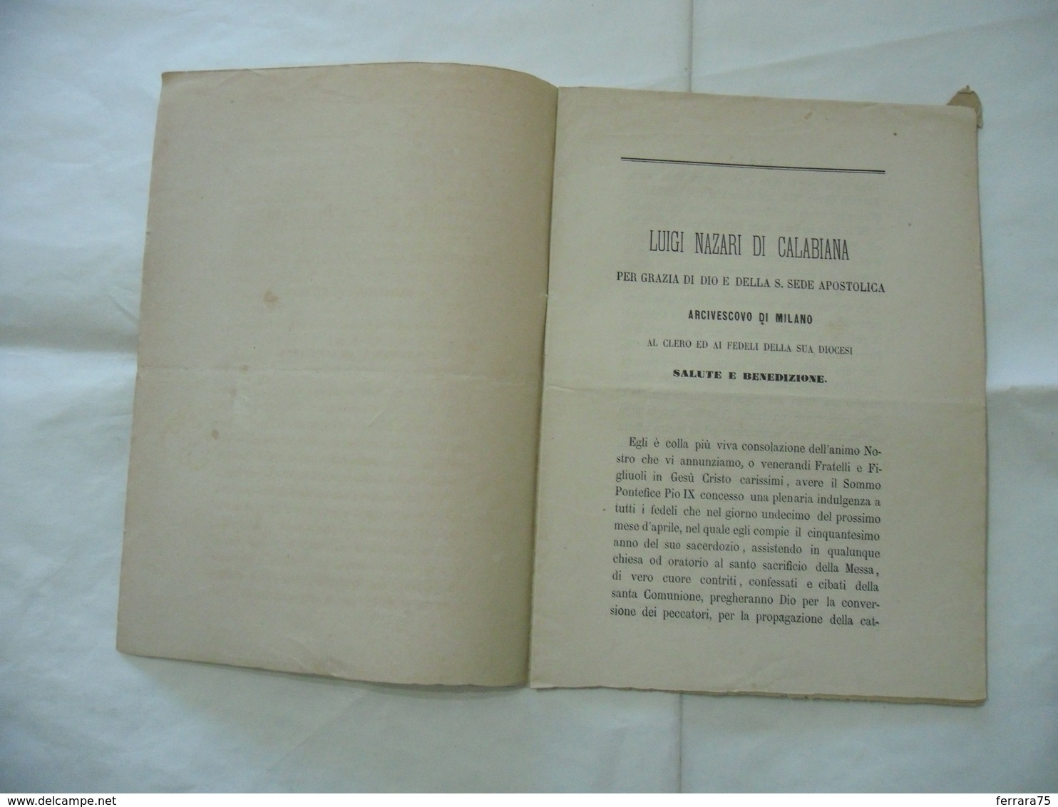 LUIGI NAZARI DI CALABIANA SALUTE E BENEDIZIONE  MILANO 1869. - Religion