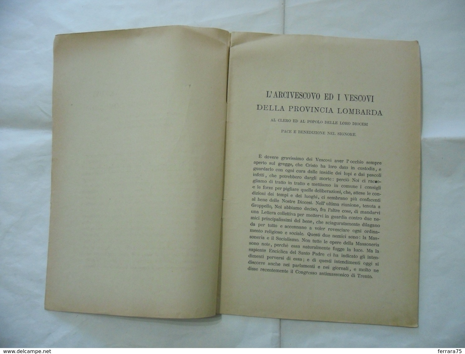 LETTERA DELL'EPISCOPATO LOMBARDO MASSONERIA SOCIALISMO DIOCESI DI MILANO 1896.- - Religion