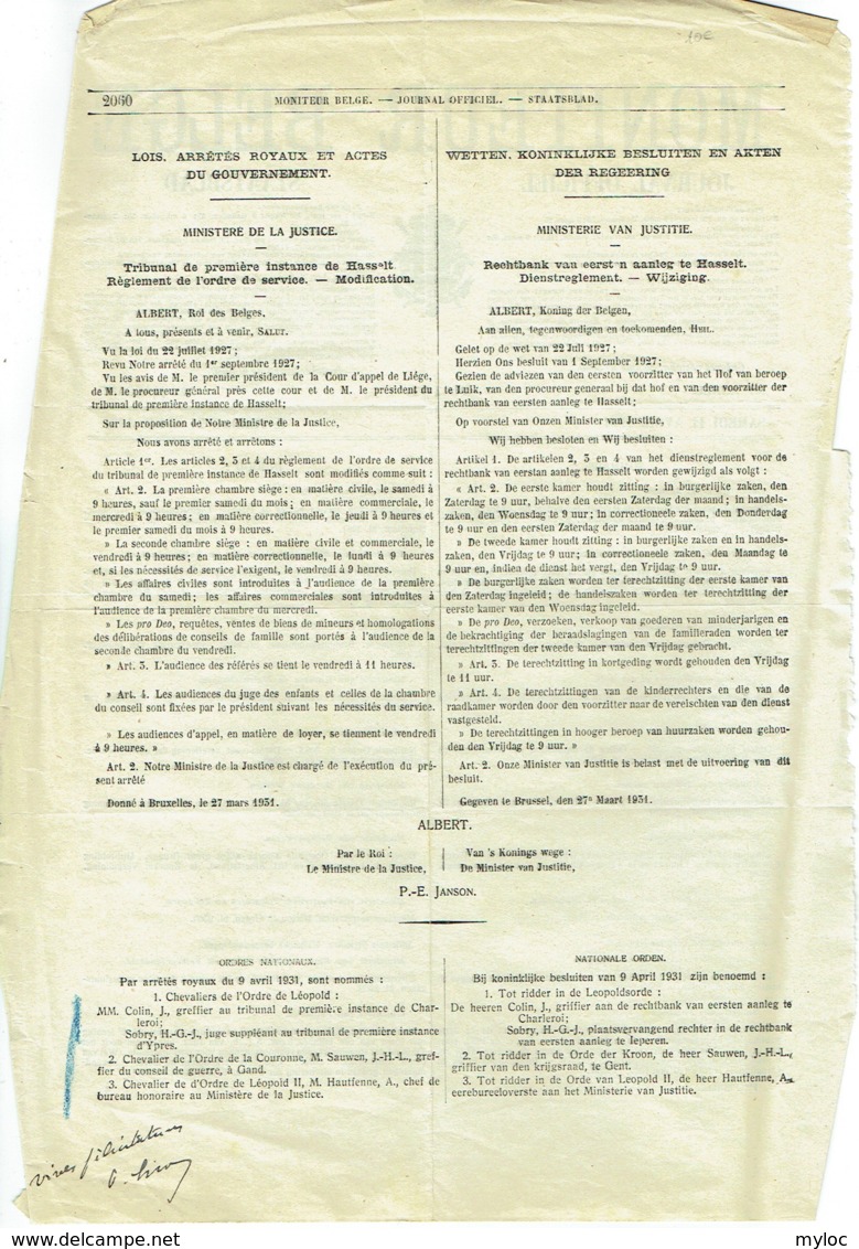 Certificat. Distinction Honorifique. Brevet Pour Médaille Chevalier De L'Ordre De Léopold II. 1931. - Royal / Of Nobility