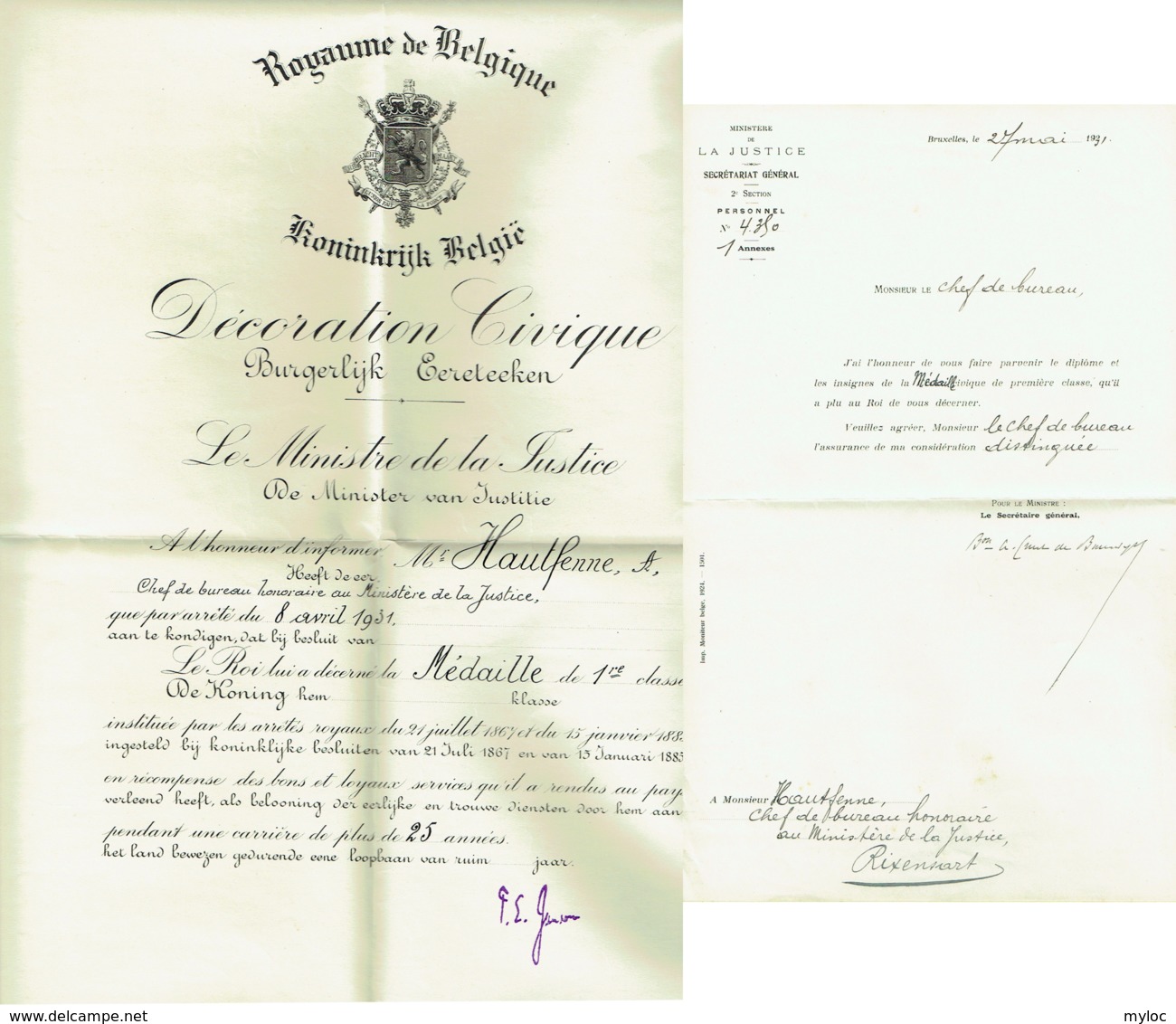 Certificat. Distinction Honorifique Civique Pour Médaille I E Classe.  1931 - Professionali / Di Società