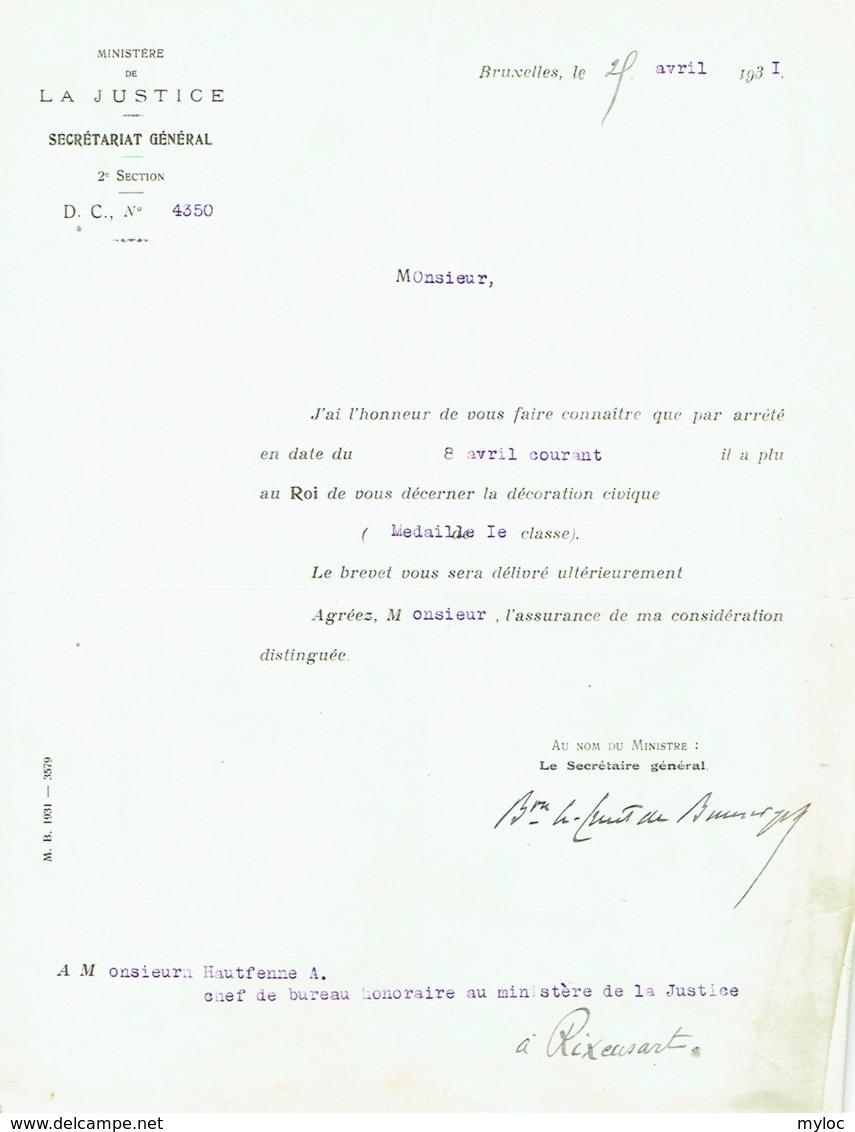 Certificat. Distinction Honorifique Civique Pour Médaille I E Classe.  1931 - Unternehmen