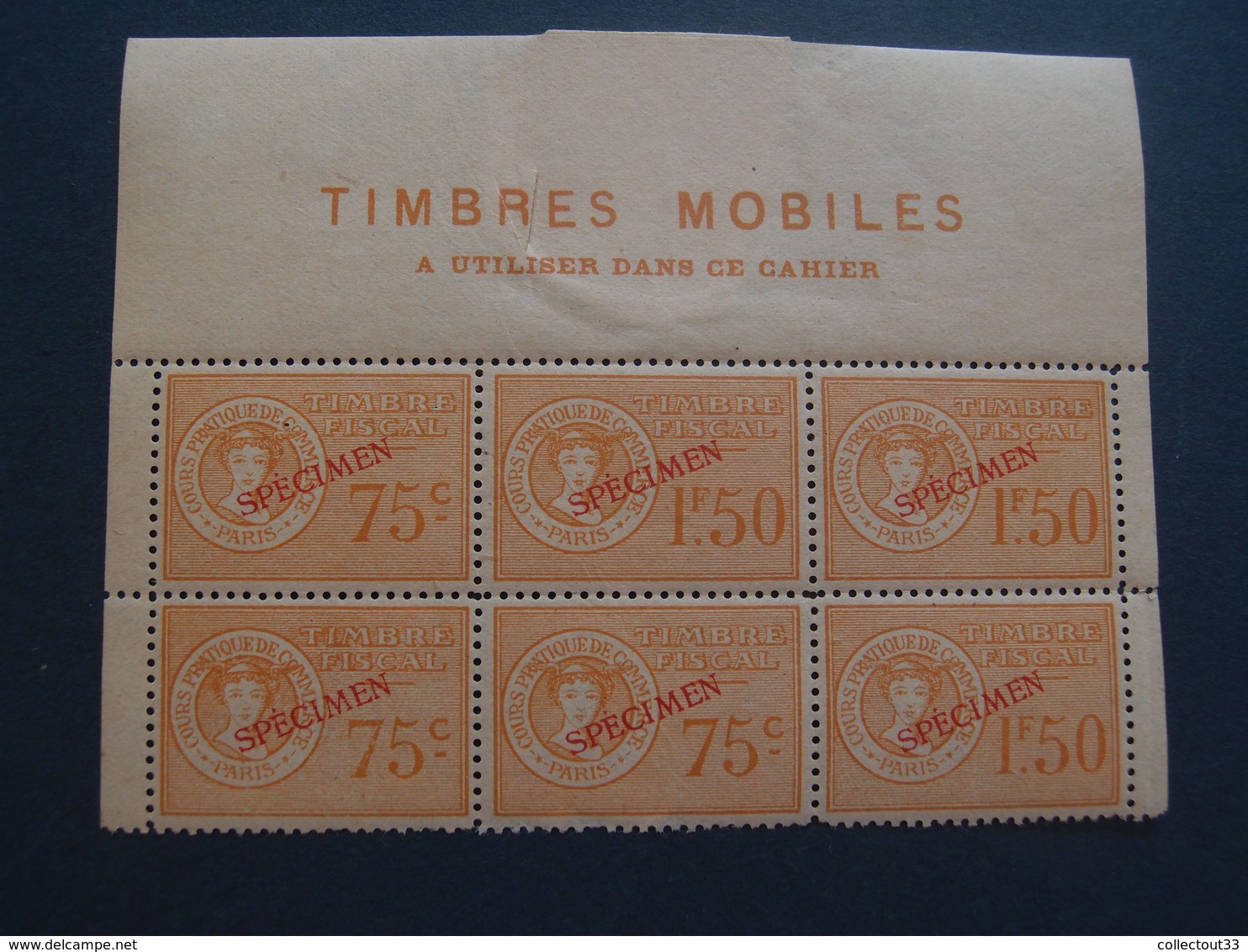 Bloc De 6 Timbres Fiscaux Timbres Mobiles Spécimen 75 Centimes 1 Franc 50 - Andere & Zonder Classificatie