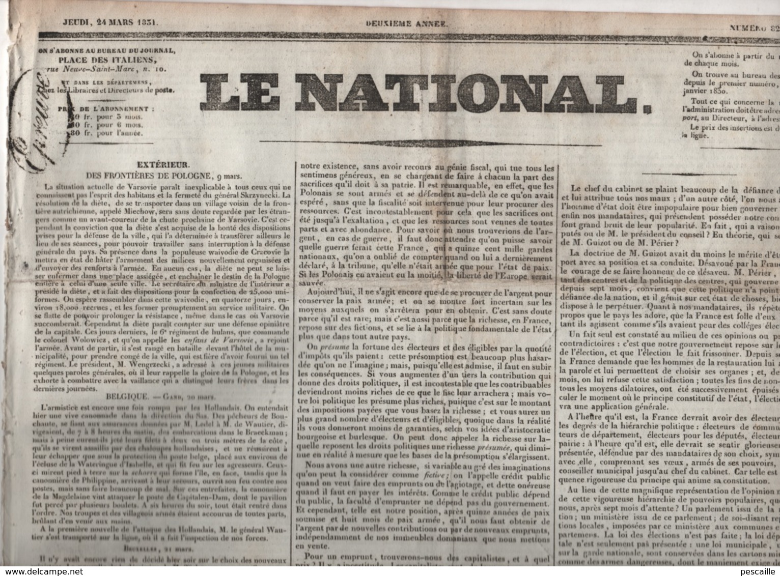 LE NATIONAL 24 03 1831 - POLOGNE - GAND - BRUXELLES - ANDALOUSIE - FINANCES - BOLOGNE - RIMINI - SAINT MAIXENT - PRISON - 1800 - 1849