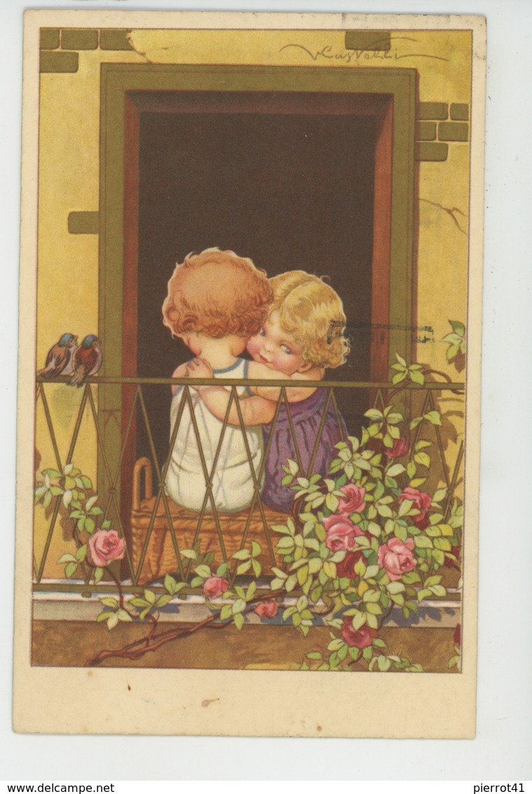 ENFANTS - Jolie Carte Fantaisie Enfants Amoureux Enlacés Oiseaux Et Fleurs Signée V. CASTELLI - Castelli