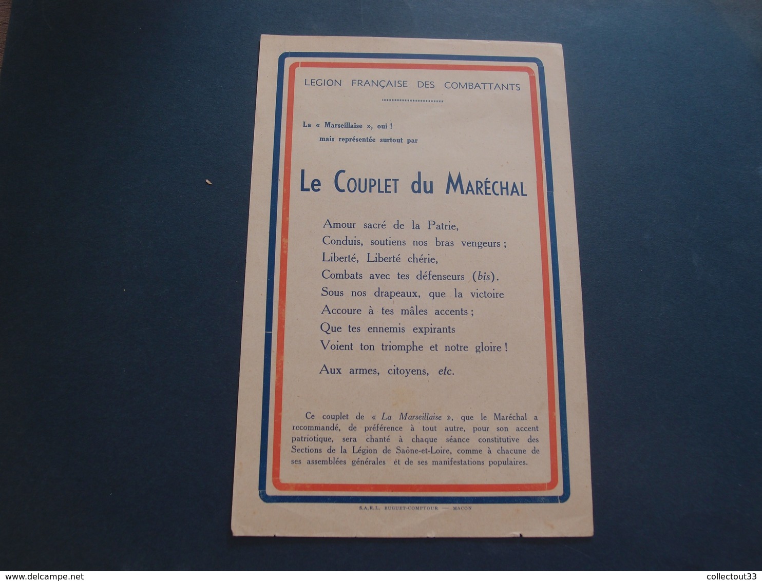 Affichette Propagande Marseillaise La Couplet Du Maréchal Vichy Pétain Légion Française Des Combattants - Documents