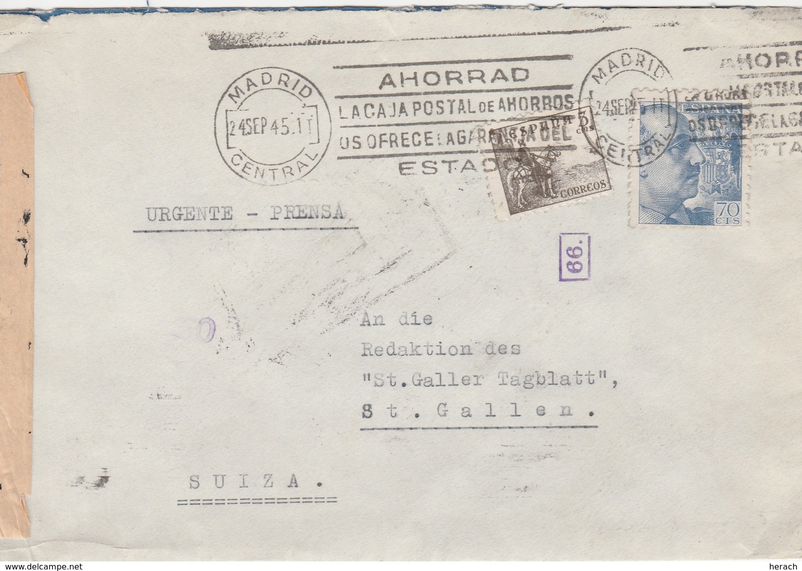 Espagne Lettre Censurée Pour La Suisse 1945 - Covers & Documents