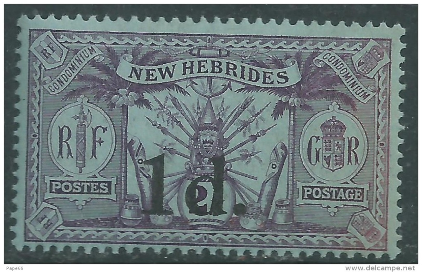Nouvelles Hébrides N° 66 X Timbre Surchargé 1 D. Sur 2 S.. Légende Anglaise  Trace De Charnière  Sinon  TB - Unused Stamps