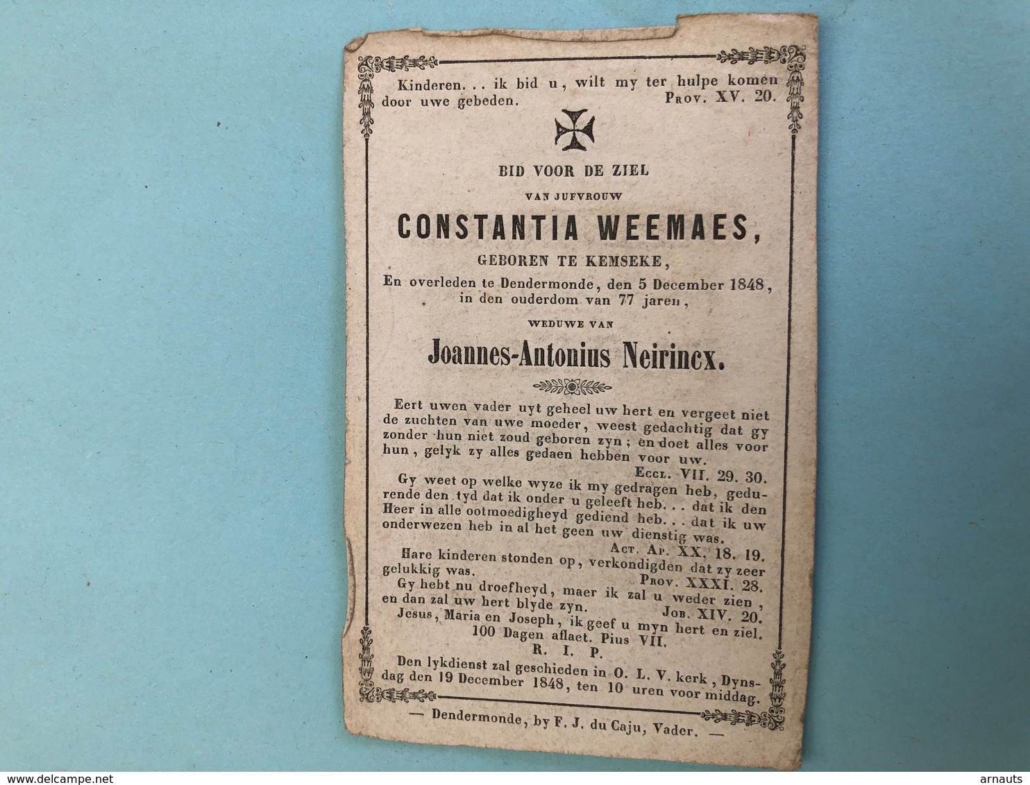 Weemaes Constantia *1771 Kemzeke +1848 Dendermonde Weduwn Neirinckx Joannes Antonius “St Hubert “ - Esquela