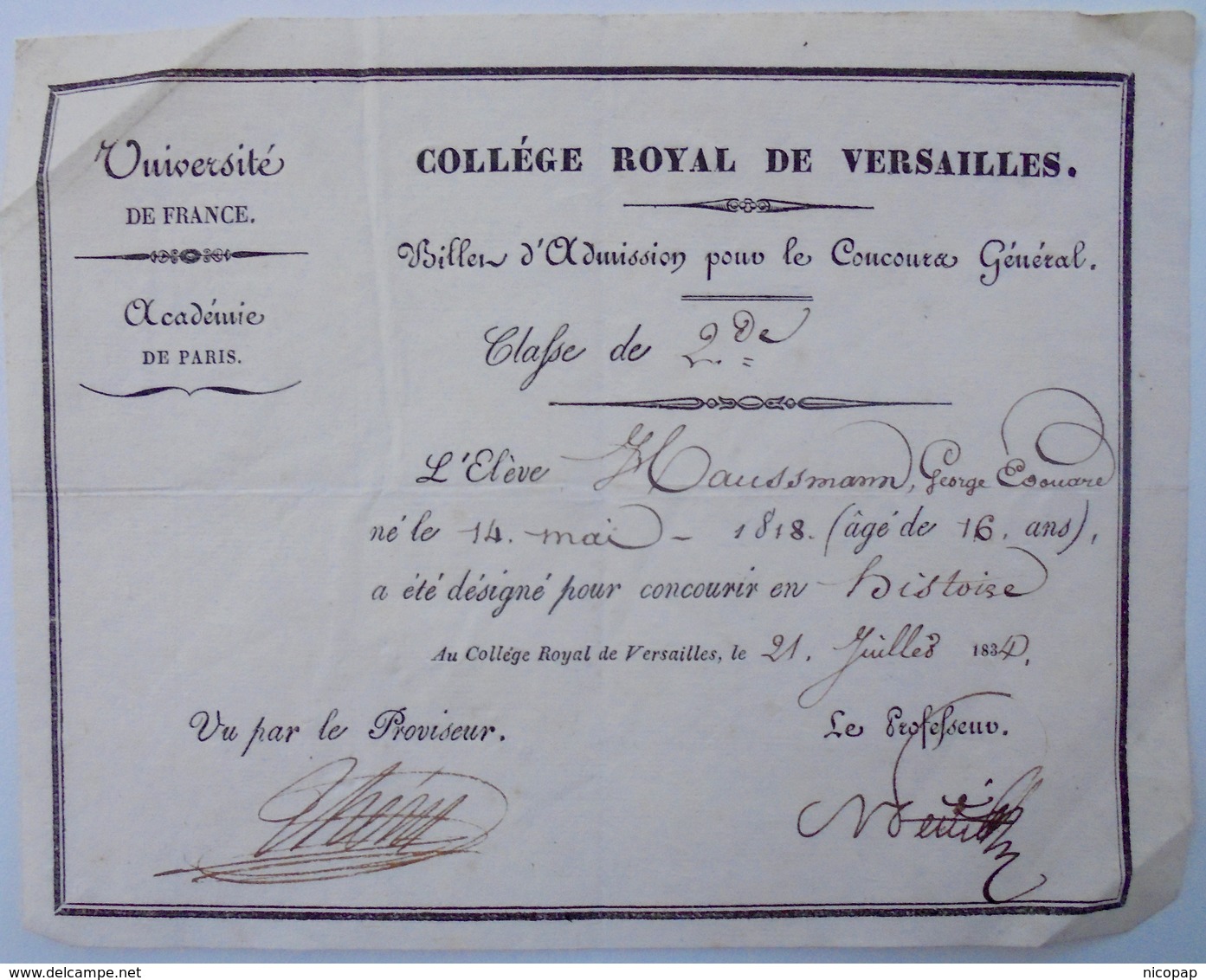 Edouard Haussmann, Billet D'admission Collège Royal De Versailles - Historical Documents