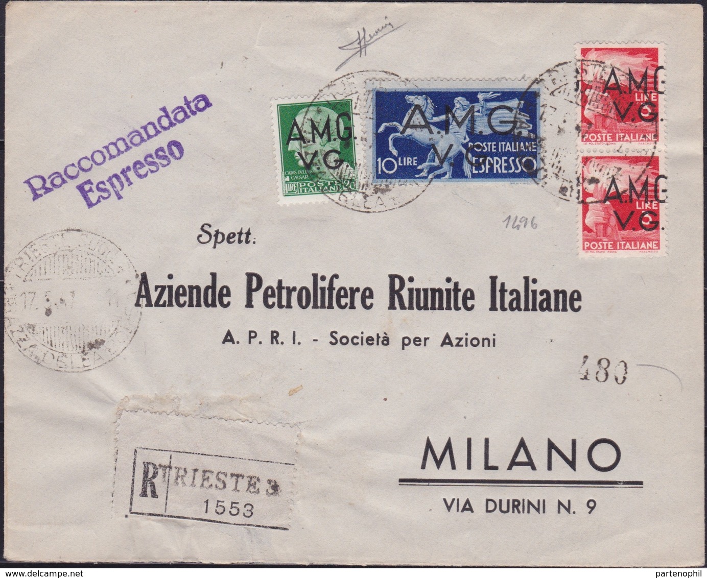 Venezia Giulia - 350 * Lettera R/ta Espresso Da Trieste Del 17.8.47 Per Milano, Affrancata Con Imperiale Soprastampati A - Marcophilie