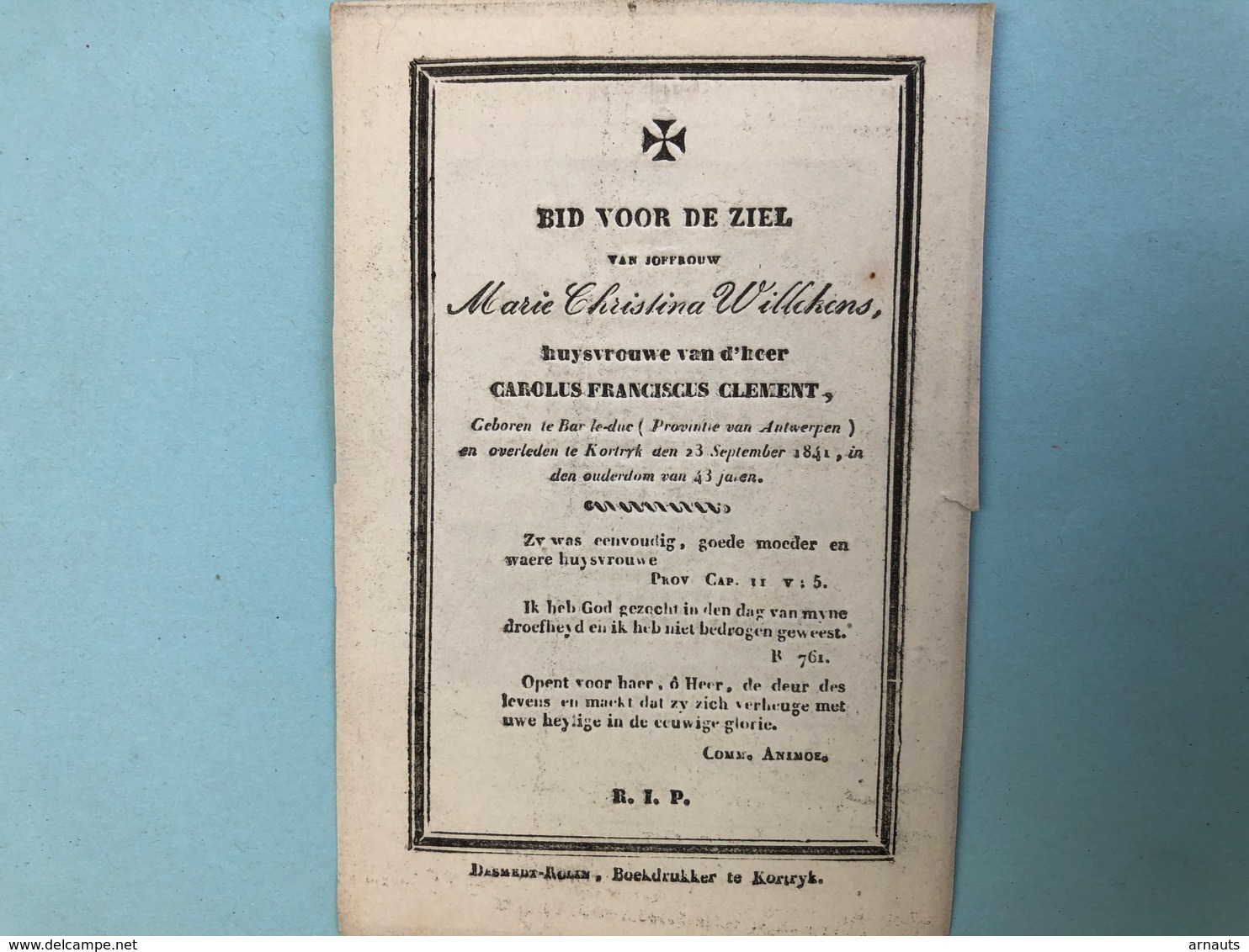 Willekens Marie Catherin Huisvrouw Clement CAR. *1798 Baarle Hertog Antwerpen Bar Le Duc +1841 Kortrijk Druk Desmedt Rol - Décès