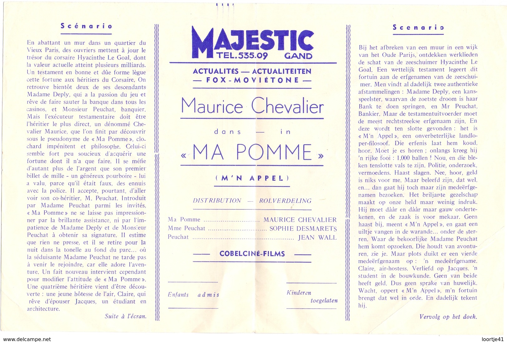 Pub Reclame - Ciné Cinema Bioscoop Majestic Gand Gent Film - Ma Pomme - Maurice Chevalier - Publicité Cinématographique