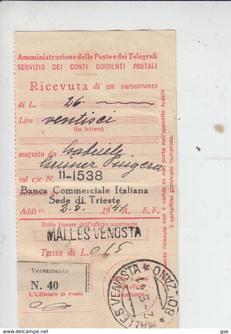 MALLES VENOSTA  1941 - Ricevuta Ccp - Vaglia Postale