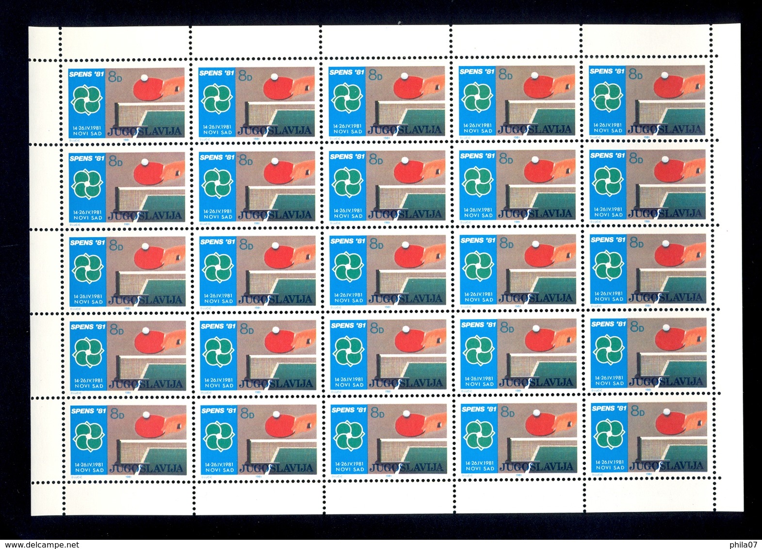 YUGOSLAVIA 1981 - Mi.No. 1882 - SPENS '81, TABLE TENNIS, Complete Sheet In MNH Condition. - Table Tennis
