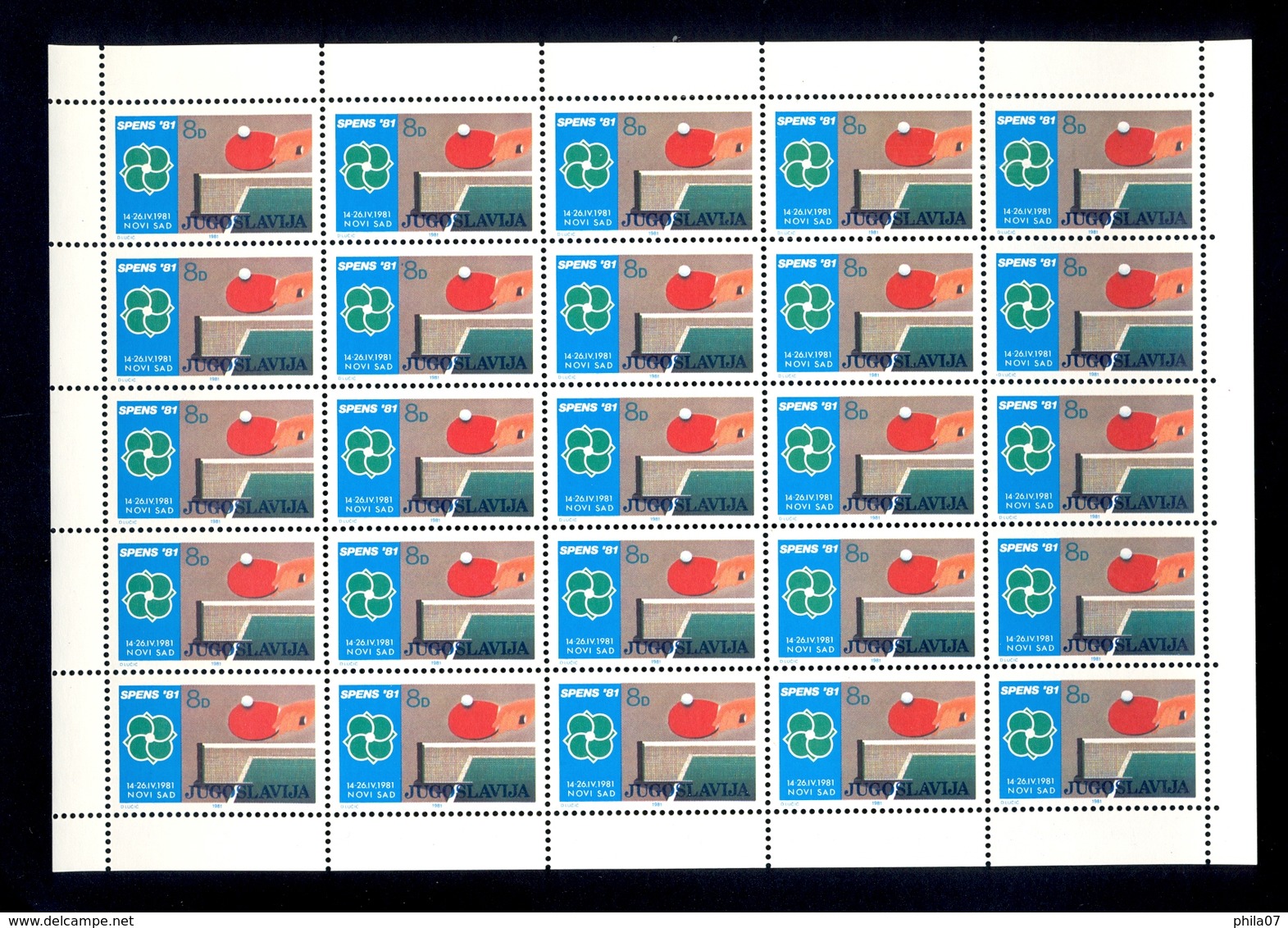 YUGOSLAVIA 1981 - Mi.No. 1882 - SPENS '81, TABLE TENNIS, Complete Sheet In MNH Condition. - Tenis De Mesa