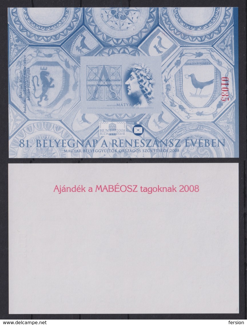 Year Of Renaissance Initial Letter Hunfila 2008 Exhibition MABÉOSZ Federation Hungary Philatelists Commemorative Sheet - Foglietto Ricordo