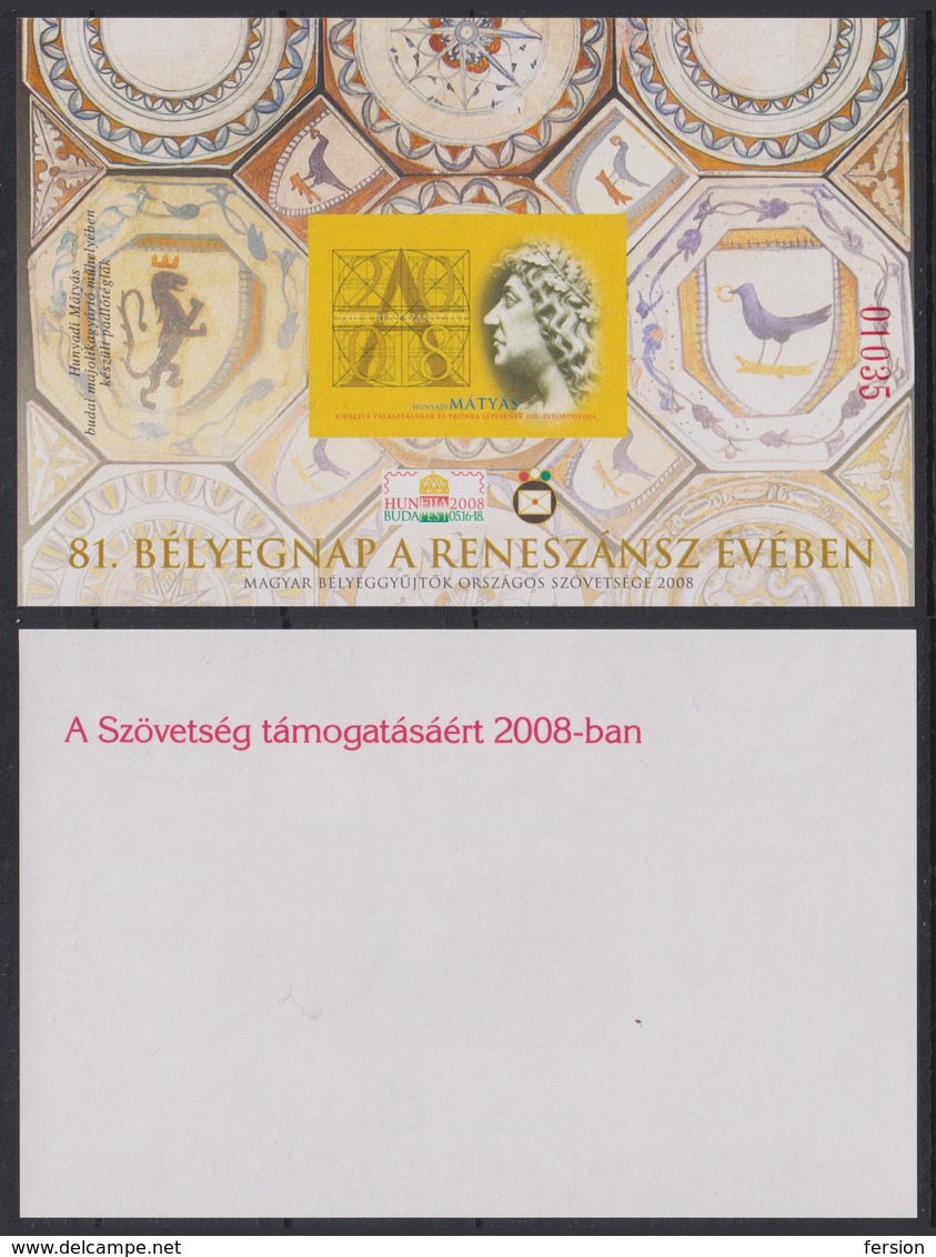 KING Matthias Rex Renaissance Initial Letter Hunfila 2008 Exhibition MABÉOSZ Hungary Philatelists Commemorative Sheet - Commemorative Sheets