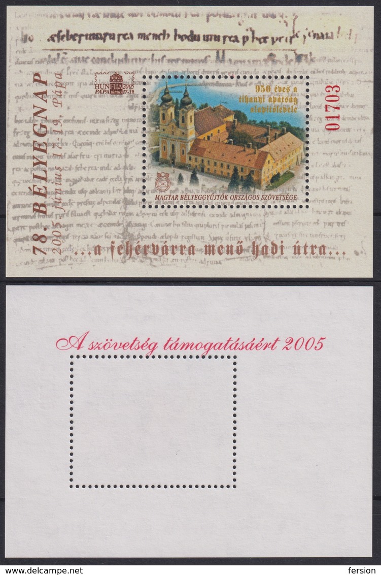 TIHANY Abbey - Hunfila 2005 Stamp Exhibition MABÉOSZ Federation Of Hungarian Philatelists / Commemorative Sheet - Hojas Conmemorativas