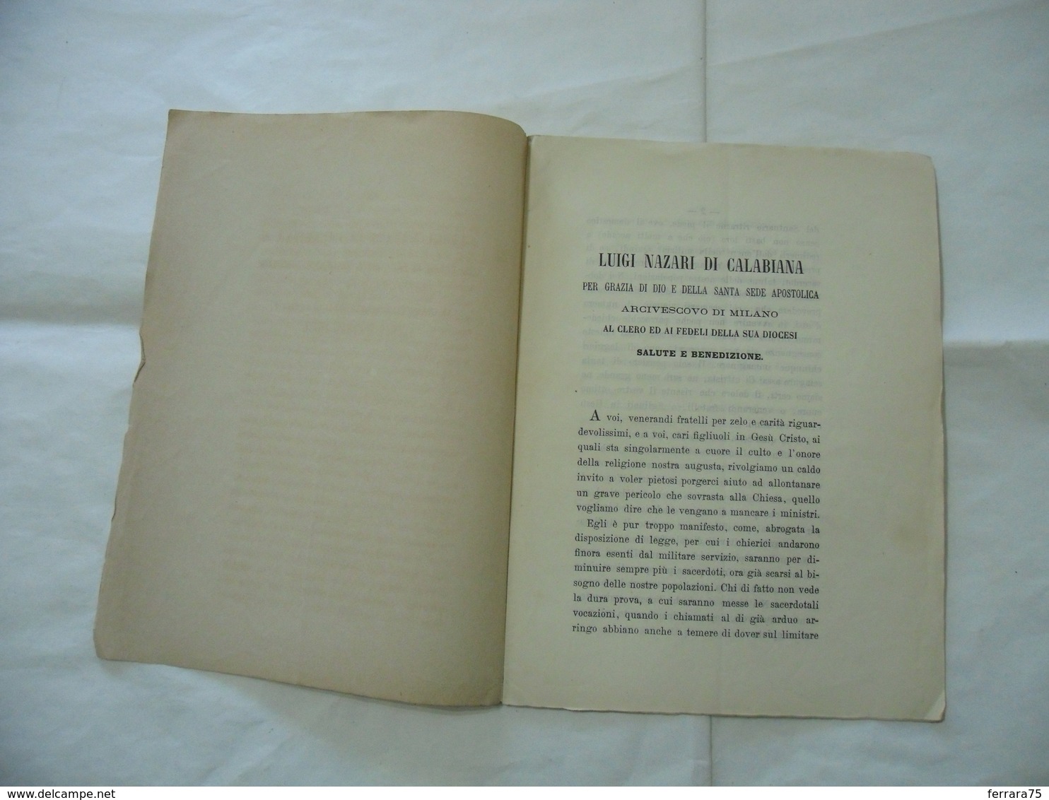 LUIGI NAZARI DI CALABIANA SALUTE E BENEDIZIONE  DIOCESI DI MILANO 1869 - Religion