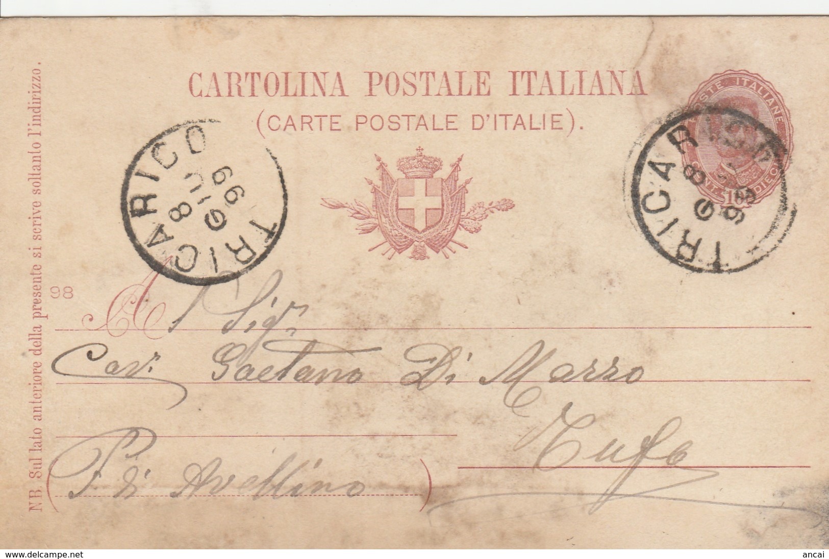 Tricarico. 1899. Annullo Grande Cerchio TRICARICO, Su Cartolina Postale - Marcofilie