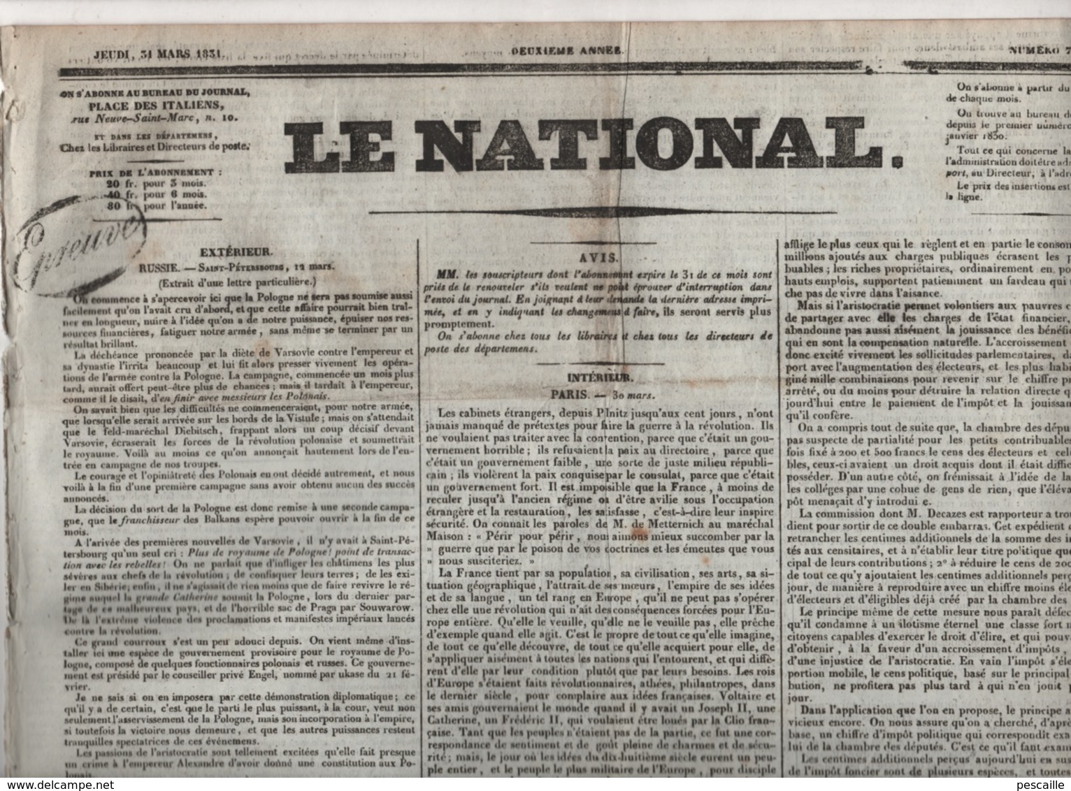 LE NATIONAL 31 03 1831 - RUSSIE POLOGNE - NAPLES - VARSOVIE - ESPAGNE - BELGIQUE - FLORENCE - VOSGES - Vitré - - 1800 - 1849