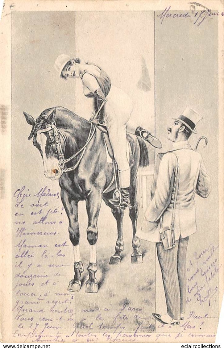 Sport.   Hippisme :     Une Jolie Cavalière Et Un Gentleman   Carte Dessinée           (voir Scan) - Hippisme