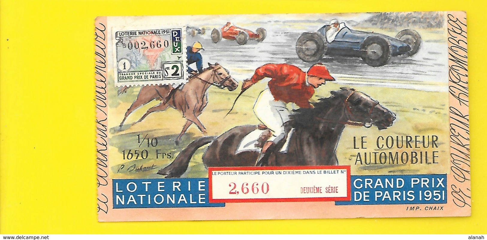 1/10 1951 Le Coureur Automobile Lotere Nationale - Lottery Tickets