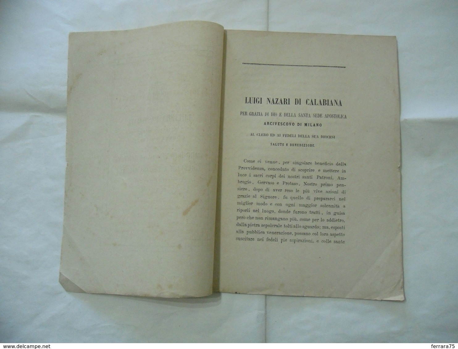 LETTERA PASTORALE RELIQUIE SANTI AMBROGIO GERVASO ARCHIDIOCESI DI MILANO 1874 - Religion