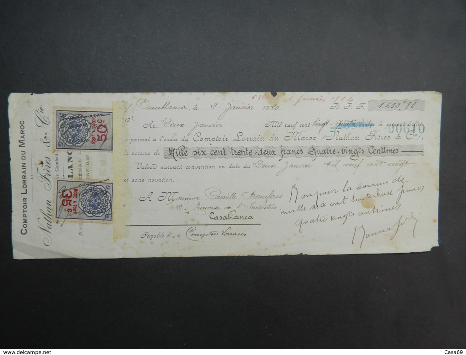 1920 Maroc Fiscal : Timbres Fiscaux 35, 50 C Traite Comptoir Lorrain Camille Bonnafous - Morocco Revenue Stamps On Draft - Altri & Non Classificati