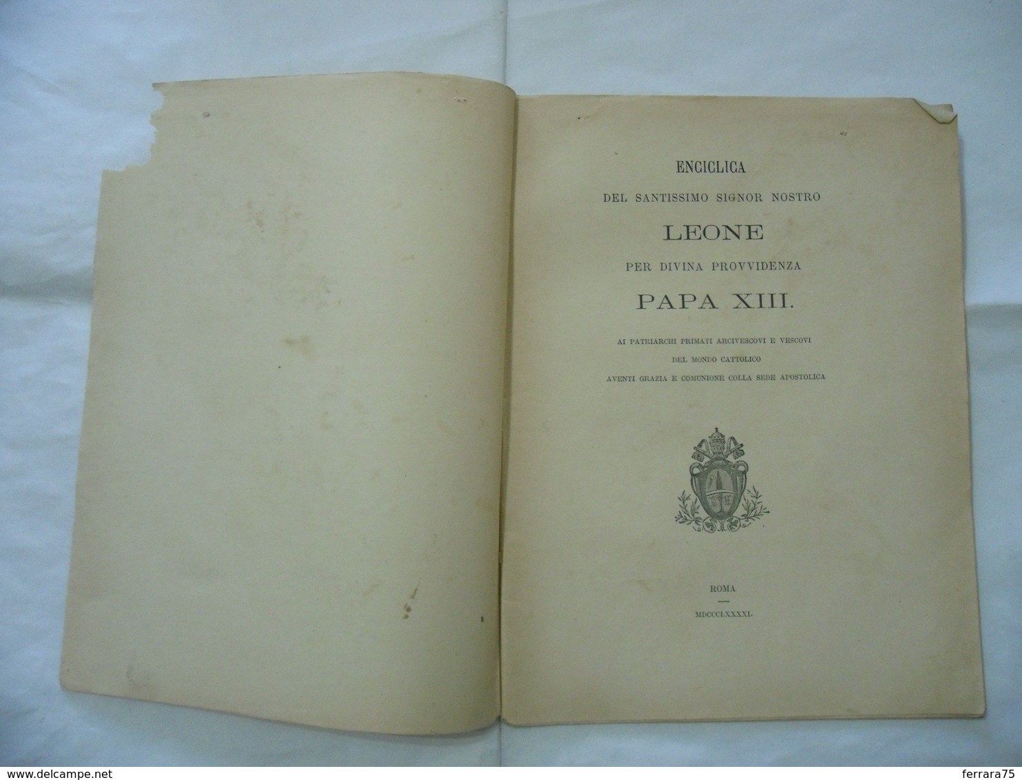 ENCICLICA SANTISSIMO LEONE DIVINA PROVVIDENZA PAPA XIII 1891 COPERTINA ROVINATA - Religion