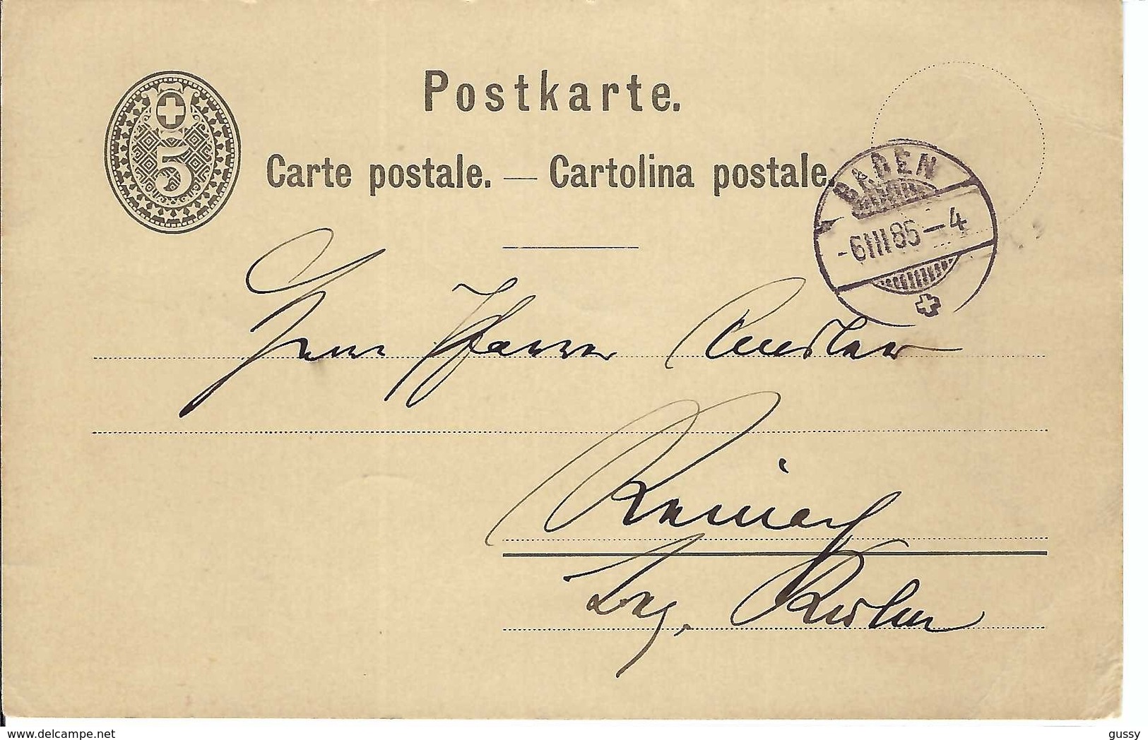 SUISSE 1885:  CP (entier Postal De 5c.) De Baden Pour Reinach AB à B - Postwaardestukken