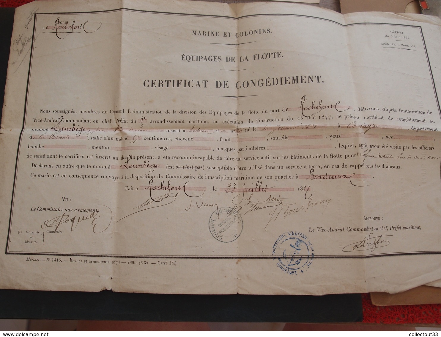 Militaria Marine Et Colonies équipages De La Flotte Certificat De Congédiement Rochefort 1887 - Documentos